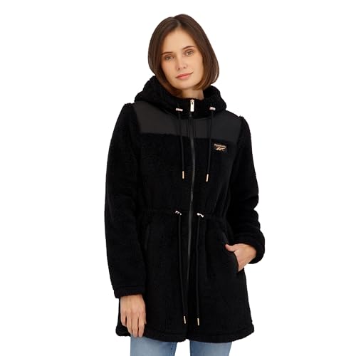 Reebok Womens Long Double Sided Fleece Zip-Up Jacket, Black, S at